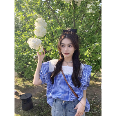 韩系甜美别致蕾丝拼接上衣设计感小众荷叶边泡泡短袖格子衬衫女夏