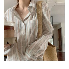 批发慵懒风长袖<b class='q'>衬衫</b>防晒外套女夏季复古粉色<b class='q'>条纹</b><b class='q'>衬衣</b>宽松显瘦休闲上衣