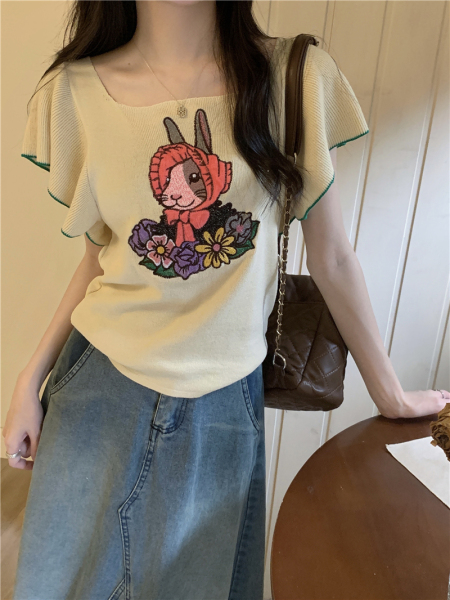RM15182#夏季新款兔子刺绣图案飞飞袖针织衫女上衣