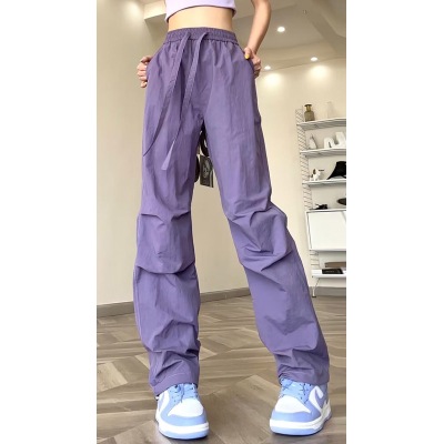 紫色降落伞裤女夏季2023新款高街休闲抽绳阔腿宽松显瘦速干工装裤