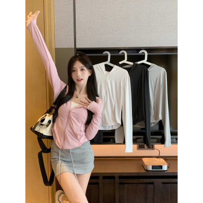 实拍实价~冰感防晒灰色修身显瘦运动薄款连帽长袖防晒衣女