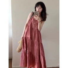 批发纯<b class='q'>亚麻</b>砂洗 【干枯玫瑰色】复古吊带裙港味chic长裙子女新款