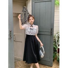 批发新中式提花盘扣薄款短袖罩衫+吊带<b class='q'>连衣裙</b>女夏季新款时尚两件套装