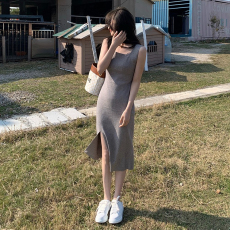 批发夏款2026年韩系针织连衣裙<b class='q'>背心</b>内搭外穿开叉吊带打底裙<b class='q'>女</b>