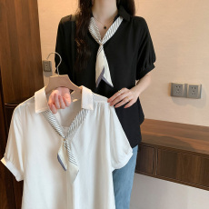 批发大码女装夏季遮肚子正肩V领衬衫胖MM宽松显瘦洋气设计感飘带上衣
