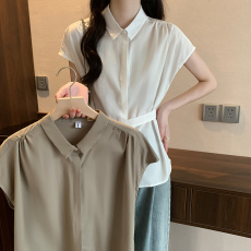 批发大码韩系简约腰带衬衫女2023夏季新款胖MM设计感气质百搭显瘦上衣
