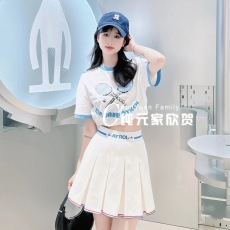 批发2023年夏季新款小众运动风短款针织T桖上衣+高腰半身裙两件套套装
