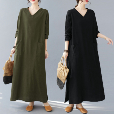 批发实拍2026新款复古棉麻V领<b class='q'>加肥</b><b class='q'>加大</b>宽松长袖连衣裙