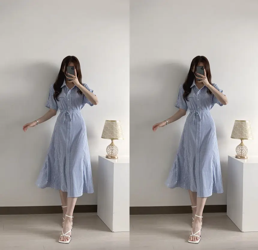 프렌치 무드 루즈핏 리본 장식 스트라이프 원피스 상세 이미지 3