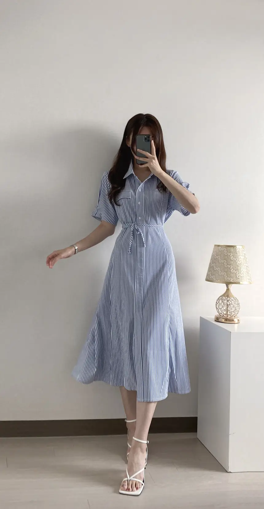 프렌치 무드 루즈핏 리본 장식 스트라이프 원피스 상세 이미지 4