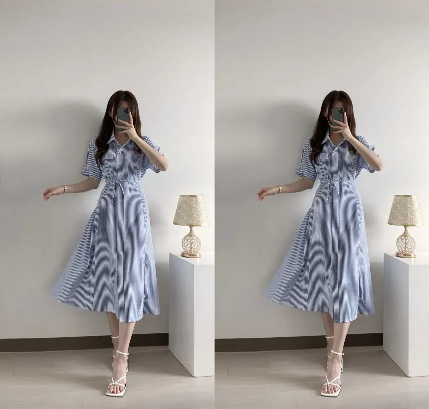 프렌치 무드 루즈핏 리본 장식 스트라이프 원피스 상세 이미지 5