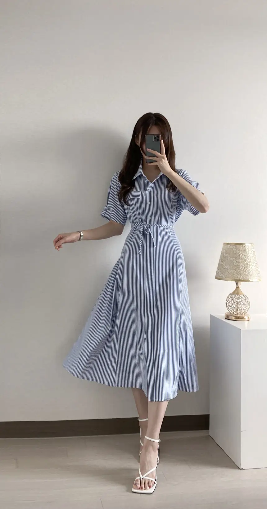 프렌치 무드 루즈핏 리본 장식 스트라이프 원피스 상세 이미지 6