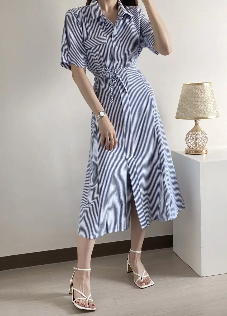 프렌치 무드 루즈핏 리본 장식 스트라이프 원피스 상세 이미지 9