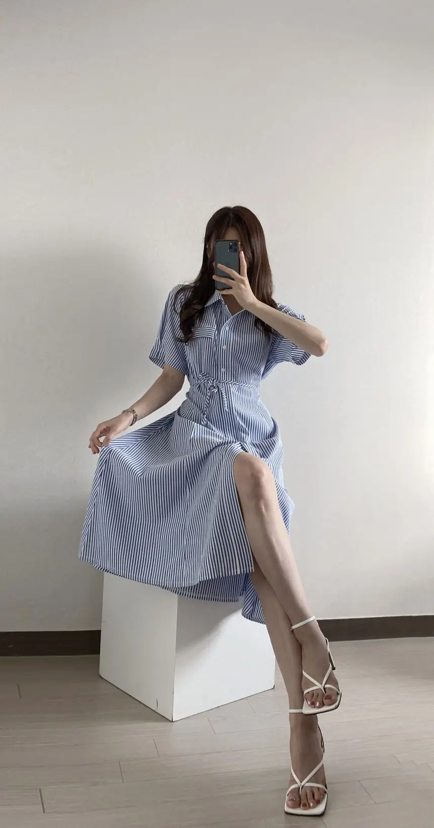 프렌치 무드 루즈핏 리본 장식 스트라이프 원피스 상세 이미지 13