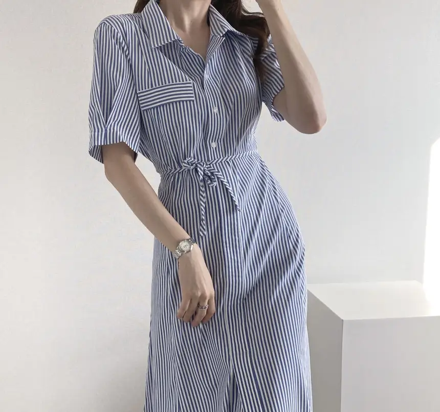 프렌치 무드 루즈핏 리본 장식 스트라이프 원피스 상세 이미지 14