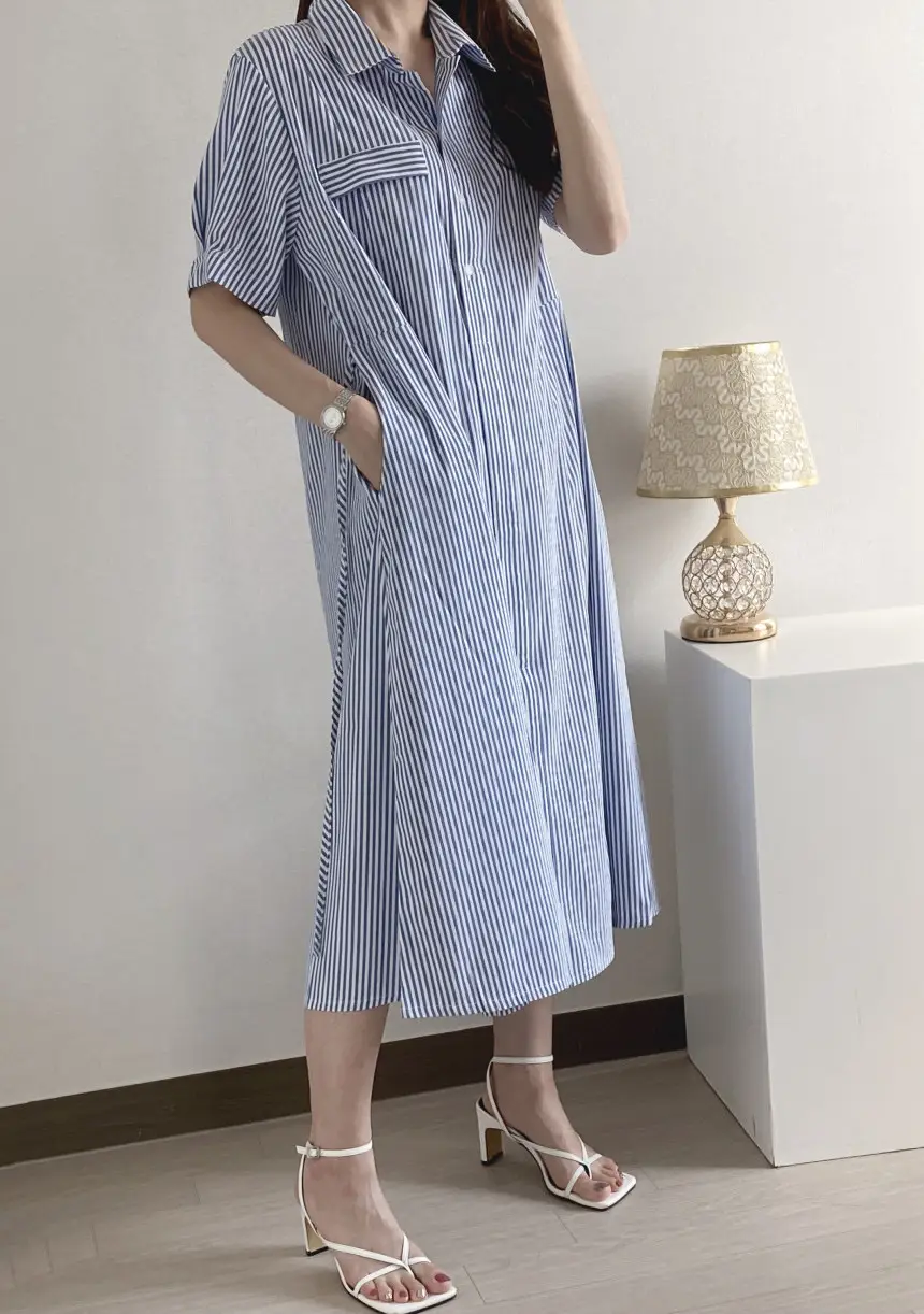 프렌치 무드 루즈핏 리본 장식 스트라이프 원피스 상세 이미지 18
