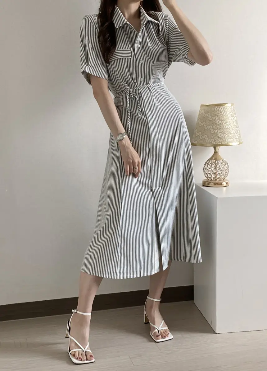 프렌치 무드 루즈핏 리본 장식 스트라이프 원피스 상세 이미지 23