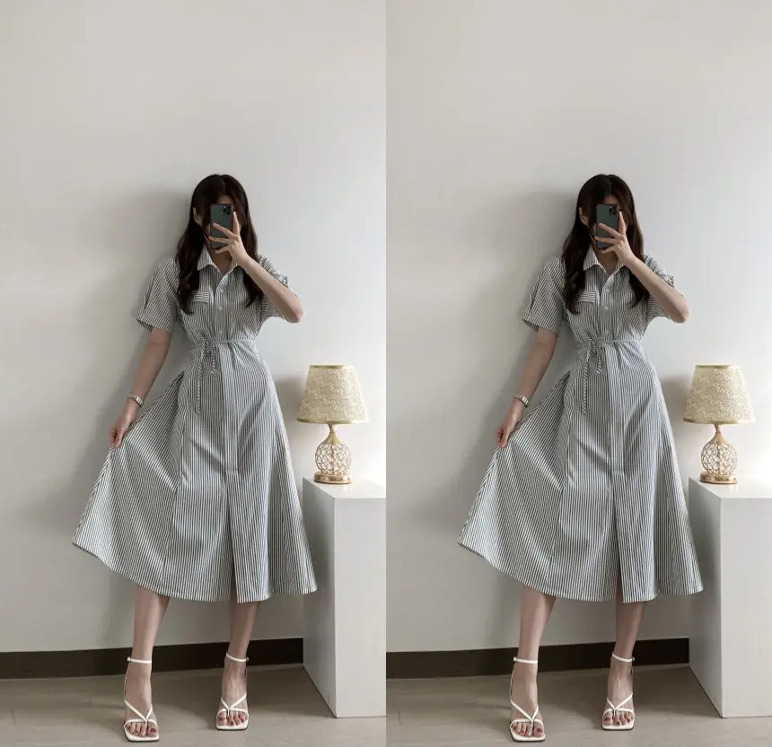 프렌치 무드 루즈핏 리본 장식 스트라이프 원피스 상세 이미지 25