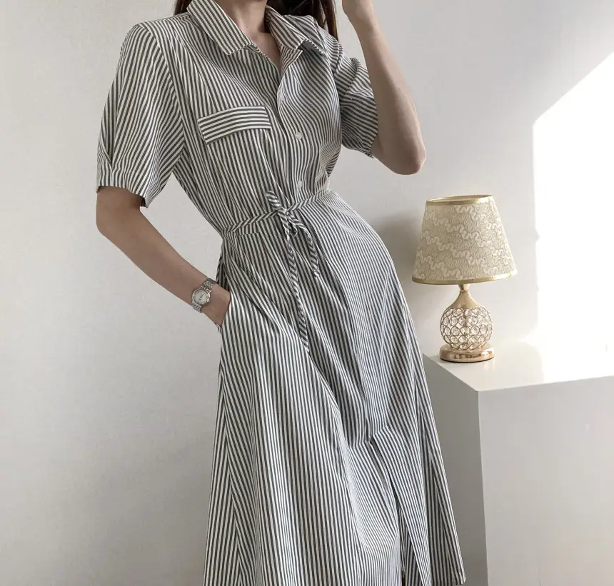 프렌치 무드 루즈핏 리본 장식 스트라이프 원피스 상세 이미지 27