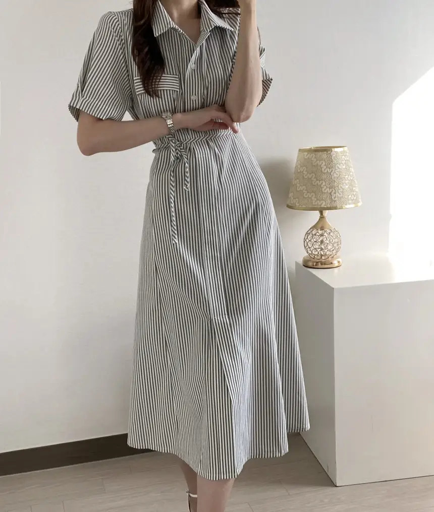 프렌치 무드 루즈핏 리본 장식 스트라이프 원피스 상세 이미지 30