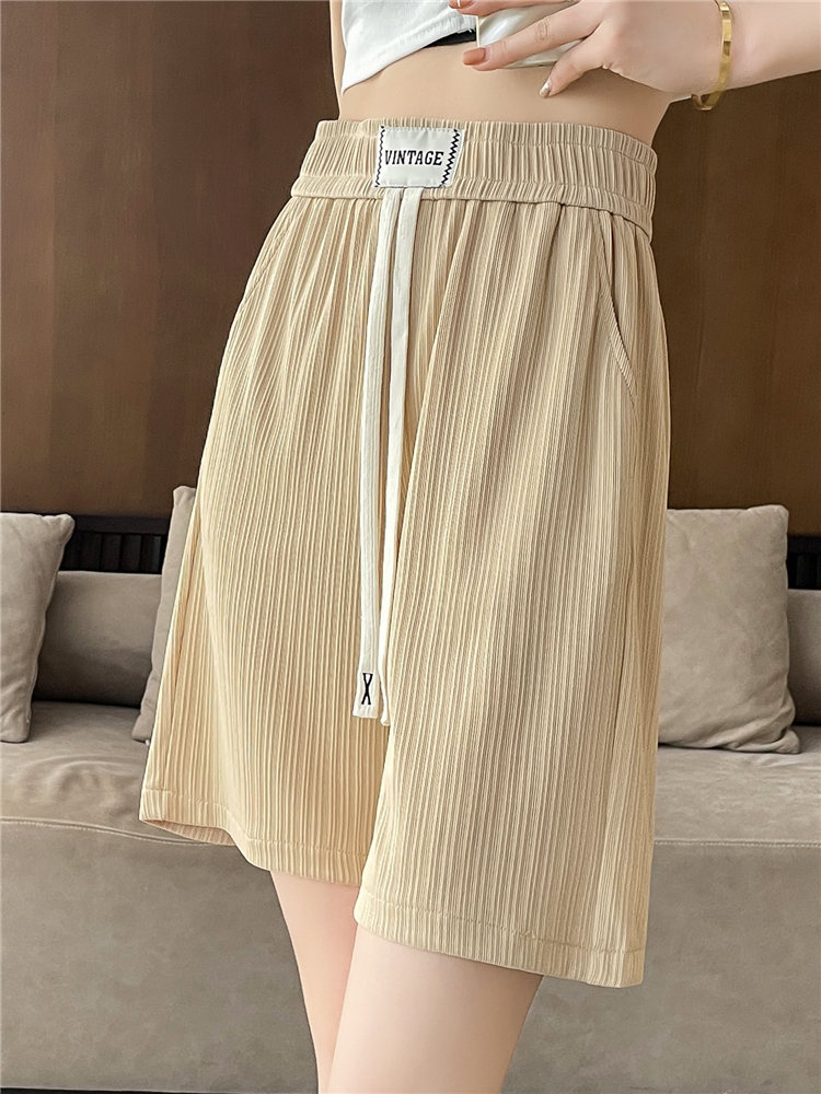 Ice silk thin five-point pants women's summer new wide-leg pants loose outer wear straight casual sports shorts trendy
