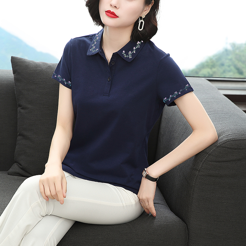 MY8088# 短袖T恤女夏季刺绣新款简约大码上衣POLO有领刺绣小衫女裝貨源服裝批發