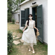 批发新中式设计感泡泡袖气质盘扣上衣<b class='q'>吊带</b>连衣裙女显瘦气质两件套装