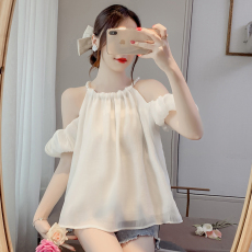 批发实拍 <b class='q'>夏</b>季新款珍珠挂脖衬衣露肩上衣