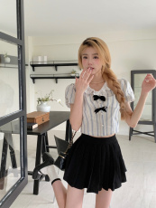 实拍 实价 娃娃领蝴蝶结条纹泡泡袖短款衬衫上衣女