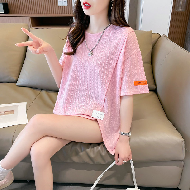 실사 흔들어서 톤 품질 자카드 쇼트 스타일 반팔 티셔츠 빅 사이즈 여성