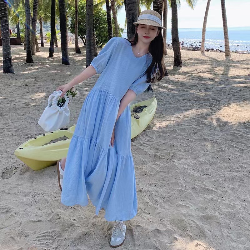 South Korea's 2023 summer new loose solid color all-match thin round neck puff sleeve dress women's fashion