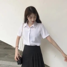 批发（ 酷丝绵无口袋款）宽松显瘦短袖衬衫女白设计感小众夏职业正装