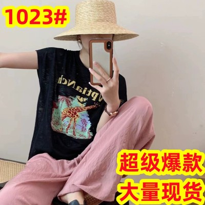 欧洲站夏季卡通字母绣花冰丝亚麻短袖毛衣 通勤宽松针织百搭体恤