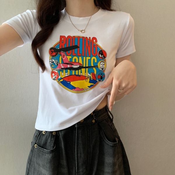 RM16940#夏装新款短袖T恤女韩版卡通短款修身别致涂鸦减龄上衣女