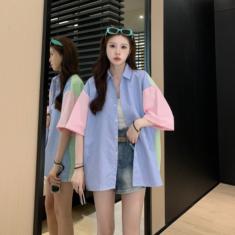 말 카드 용 배색 블루 스트라이프 패치워크 반팔 여성 셔츠 여름 디자인 센스 작은 대중 Chic POLO 칼라 맨위 서비스