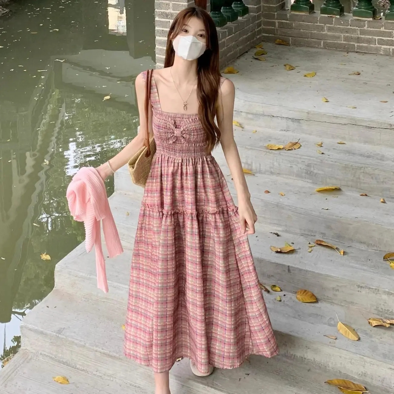 Plus size women's plaid tube top high waist suspender dress summer fat sister pleated waist slimming big swing dress