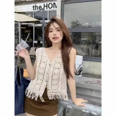 批发针织流苏镂空外搭马甲小吊带无袖上衣短款宽肩带背心外穿女式夏季