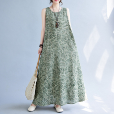 批发实拍2026夏新款文艺大码胖M花色宽松腰大摆<b class='q'>连衣裙</b> 女<b class='q'>长裙</b>无袖圆领