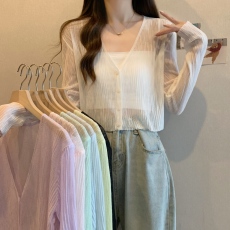 实拍夏季韩版宽松v领短款开衫防晒竹节麻针织长袖女上衣外搭