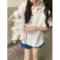 批发现货日系复古<b class='q'>童</b>趣小熊绣花娃娃领<b class='q'>衬衫</b><b class='q'>女</b>夏小众设计感白色短袖上衣