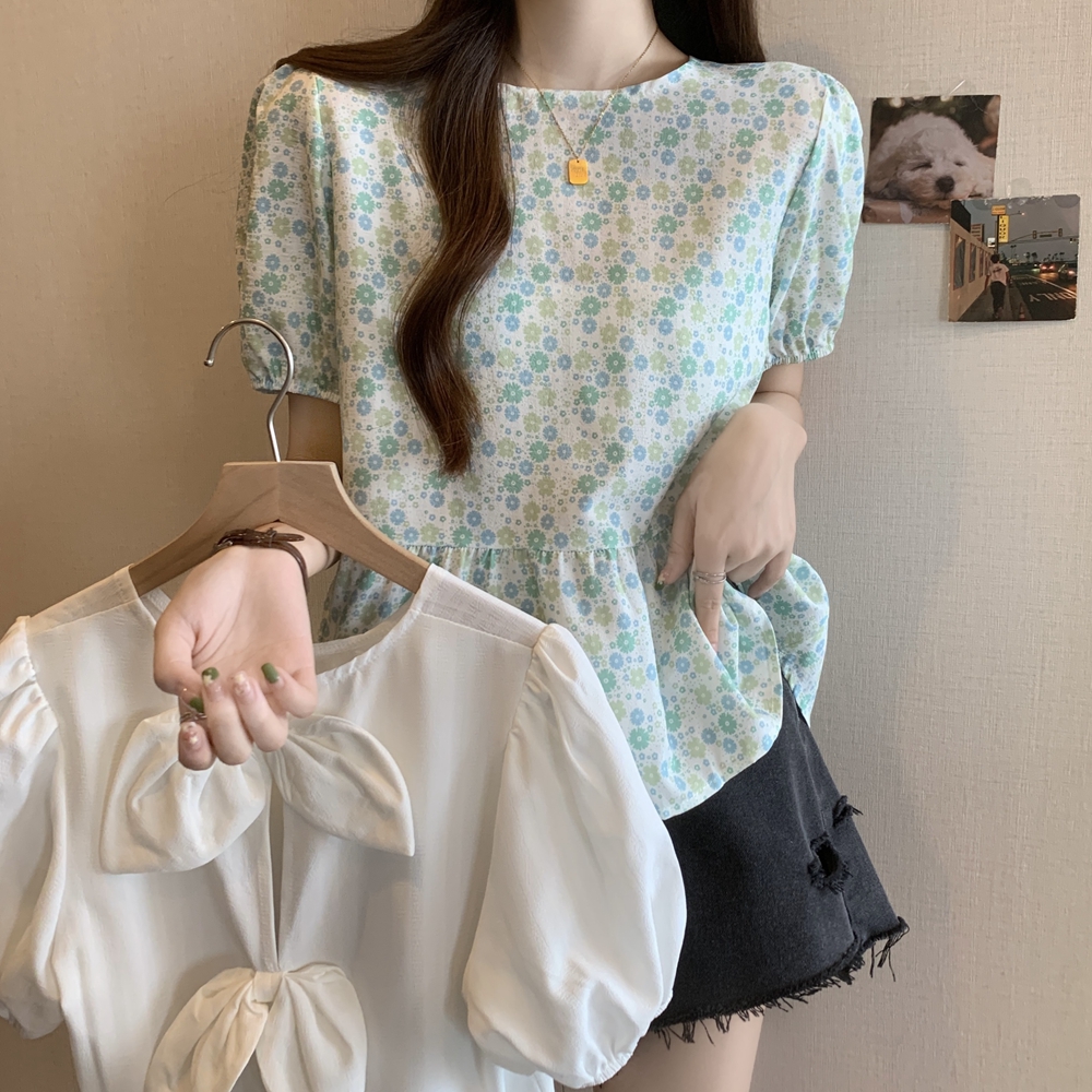 실사 디자인 센스 뒤로 나비 매듭 달콤함 인형 셔츠 한국 스타일 거품 소매 꽃무늬 셔츠 m-4xl200 근