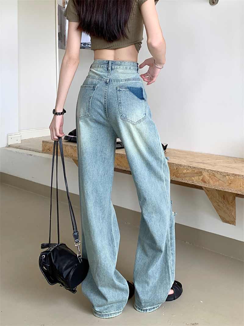 Real shot of ripped jeans for women, summer thin, 2024 new style, loose, high-waisted, floor-length straight wide-leg pants