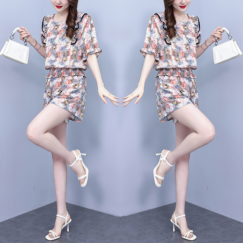 LN23443# 大码女装夏季新款韩版气质时尚显瘦上衣+短裤印花两件套 服裝批發女裝批發服飾貨源