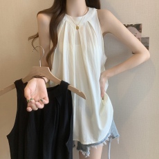 批发实拍大码女新女质感高级法式遮肚显瘦设计感挂脖无袖吊带连衣<b class='q'>裙</b>子