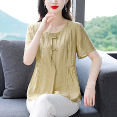 批发2026夏季新款T恤<b class='q'>上衣</b><b class='q'>棉麻</b>短袖衬衫圆领减龄宽松大码洋气小衫