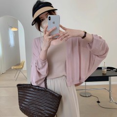 French lantern sleeve ice silk sun protection cardigan for women thin summer pink suspender top with small shawl air conditioning blouse