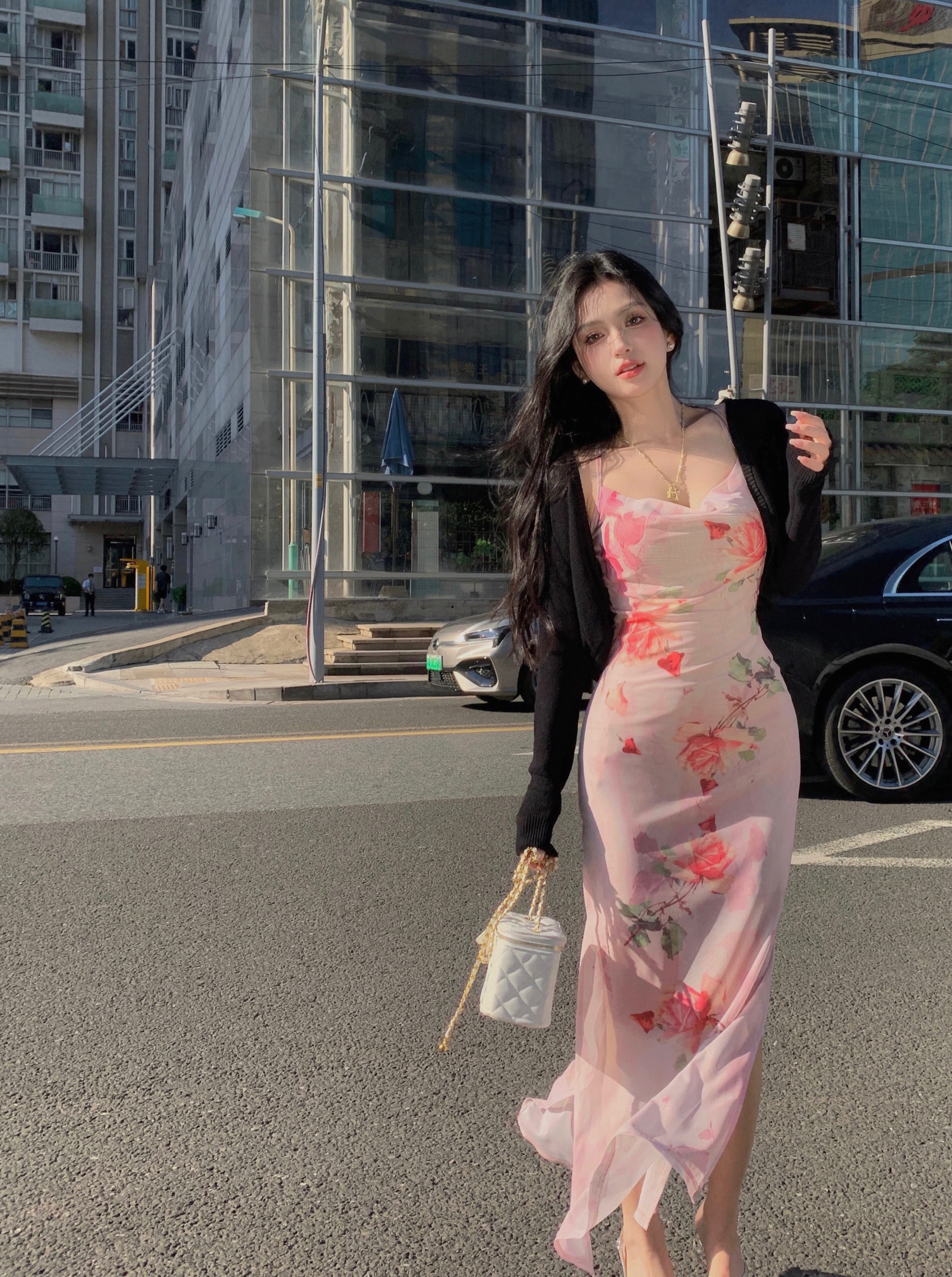 Real price Sicilian rose printed suspender skirt women's summer bag hip skirt design sense swing collar long dress