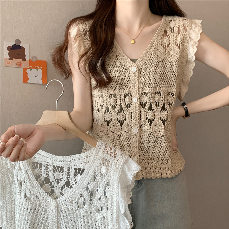 Real shot real price V-neck crochet hollow-knit cardigan women's fashion stitching lace loose vest vest