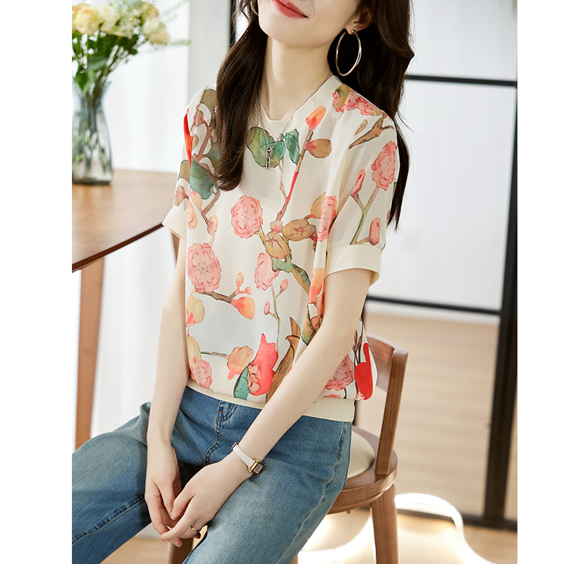 FA28851# 女短袖夏季新款显瘦高端乱麻印花气质半袖T恤 服裝批發女裝批發服飾貨源