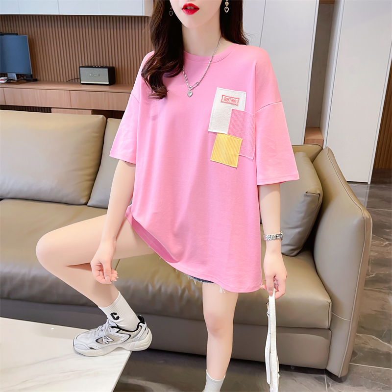 Actual shot of 2024 summer Korean style loose round neck color patchwork versatile large size short-sleeved T-shirt for women